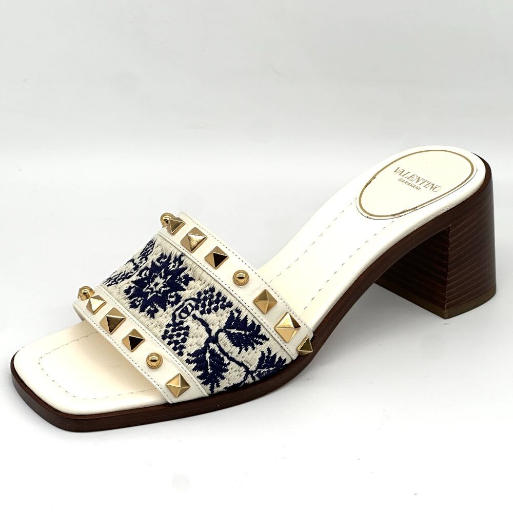 Valentino County Rockstud Slide Sandals Embroidered Mules Heels Shoes - Picture 7 of 16